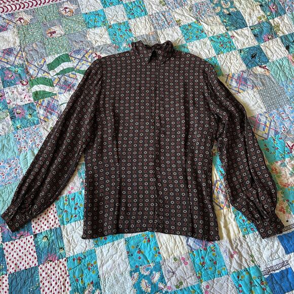 Vintage 70s/80s DONCASTER Geo Print Balloon Sleeve Mockneck Equestrian Blouse M - Picture 4 of 5